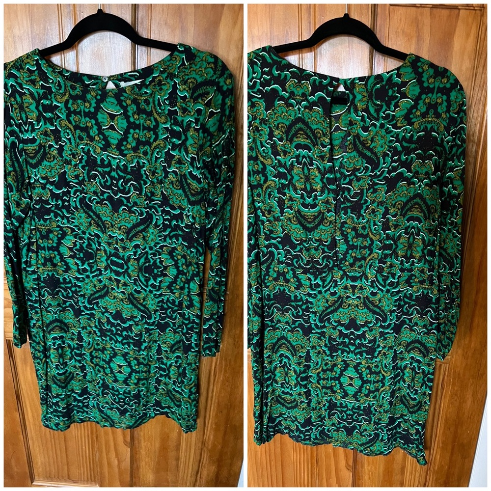 Green floral mini dress with open/buttoned back.
